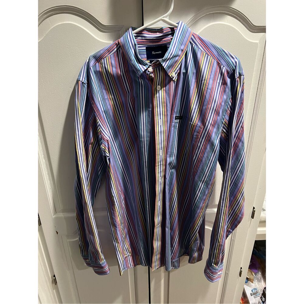 Facconable Multi-Color Striped Button Down Collar… - image 2